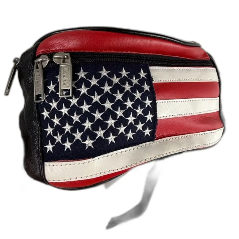 Vintage American Flag Leather Fanny Pack Belt Bag Red White Blue 90s - Picture 2 of 8
